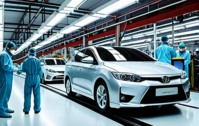 **
A bright, modern automotive factory floor in Malaysia. A holographic projection of a car is superimposed over the actual assembly line. Engineers in clean suits are interacting with the hologram using tablets, adjusting parameters and analyzing data. The holographic car highlights areas of potential improvement in the manufacturing process. Focus on conveying efficiency and technological advancement.
**