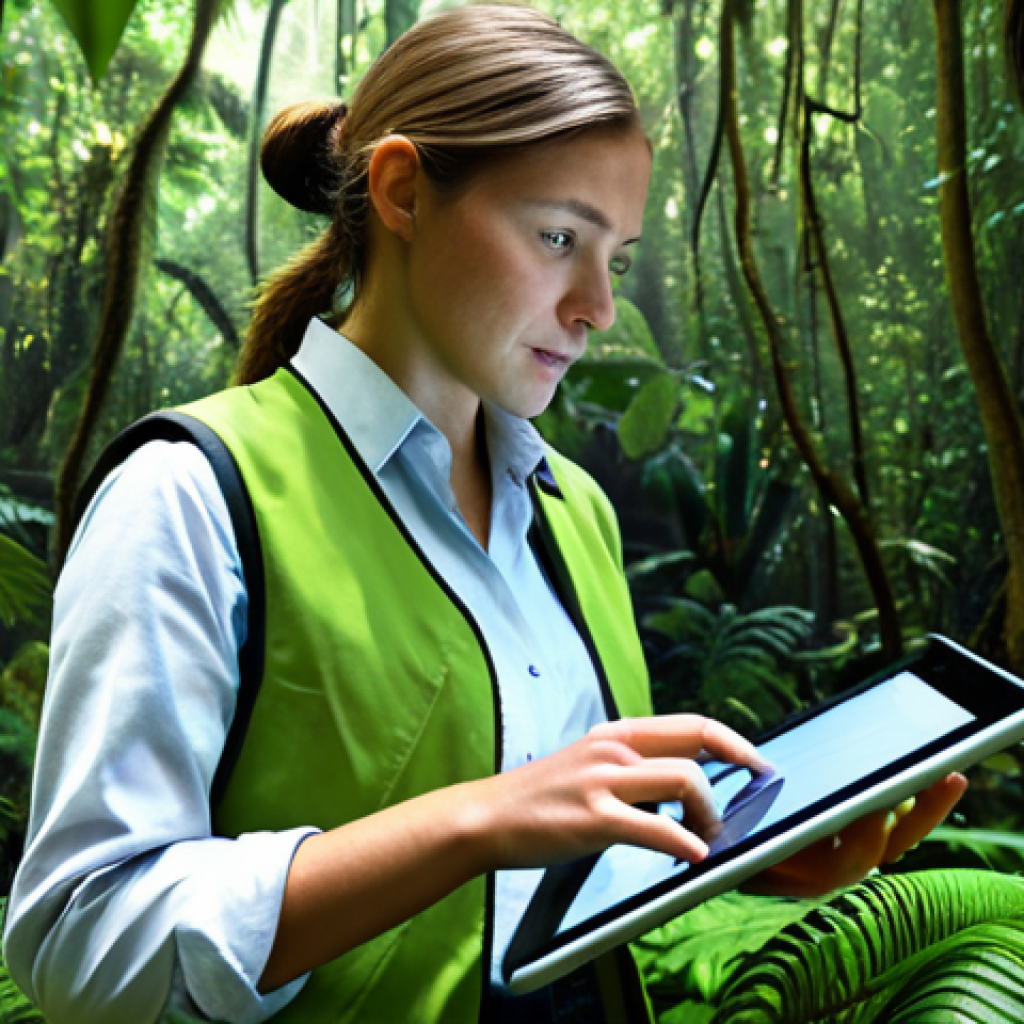 **
A professional female environmental scientist in a modest field outfit (khaki pants, long-sleeved shirt, vest), examining a digital tablet displaying a 3D model of a rainforest ecosystem. She's standing in a lush rainforest, surrounded by diverse plant life. The image focuses on her interaction with the technology and the surrounding natural environment. Include: "safe for work," "appropriate content," "fully clothed," "professional," "perfect anatomy," "correct proportions," "natural pose," "high resolution," "detailed textures," "natural lighting."
**
