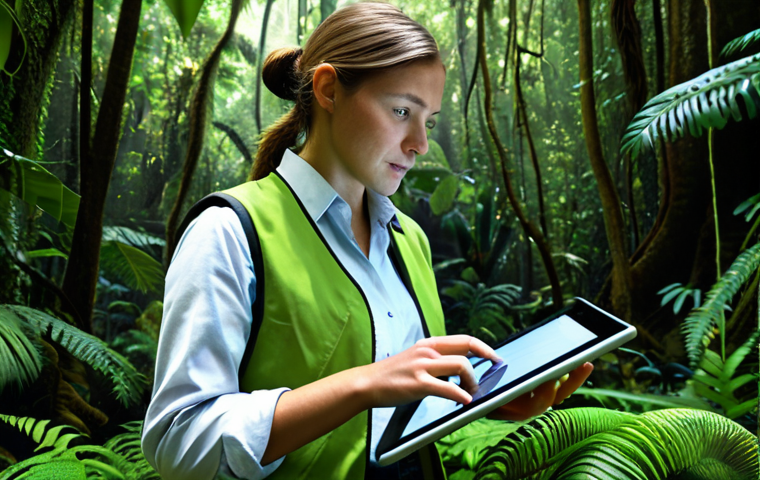 **
A professional female environmental scientist in a modest field outfit (khaki pants, long-sleeved shirt, vest), examining a digital tablet displaying a 3D model of a rainforest ecosystem. She's standing in a lush rainforest, surrounded by diverse plant life. The image focuses on her interaction with the technology and the surrounding natural environment. Include: "safe for work," "appropriate content," "fully clothed," "professional," "perfect anatomy," "correct proportions," "natural pose," "high resolution," "detailed textures," "natural lighting."
**