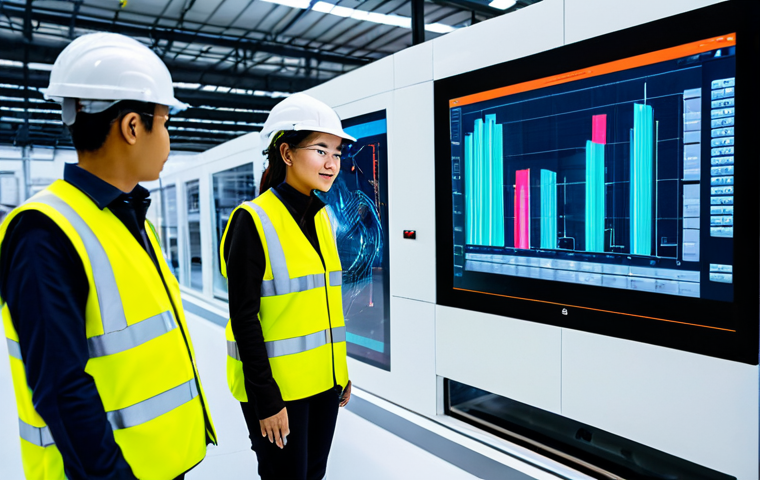 Manufacturing Innovation**
"A diverse team of engineers (male and female) in a brightly lit, modern Malaysian factory, fully clothed in appropriate safety gear (helmets, vests), inspecting a digital twin interface projected onto a holographic display above a complex machine. The interface shows real-time performance data. Background: Busy factory floor with robotic arms and automated systems. Focus on collaboration and technological advancement. safe for work, appropriate content, fully clothed, professional, perfect anatomy, correct proportions, natural pose, well-formed hands, proper finger count, natural body proportions, high quality, professional photography, clean, sharp focus."
**