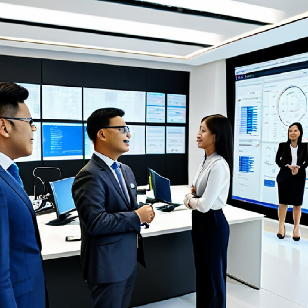 디지털 트윈과 ERP 시스템의 통합 방안 - Modern Office Integration**
"A diverse team of business professionals collaborating around a large ...