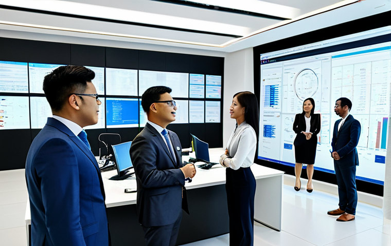 디지털 트윈과 ERP 시스템의 통합 방안 - Modern Office Integration**
"A diverse team of business professionals collaborating around a large ...